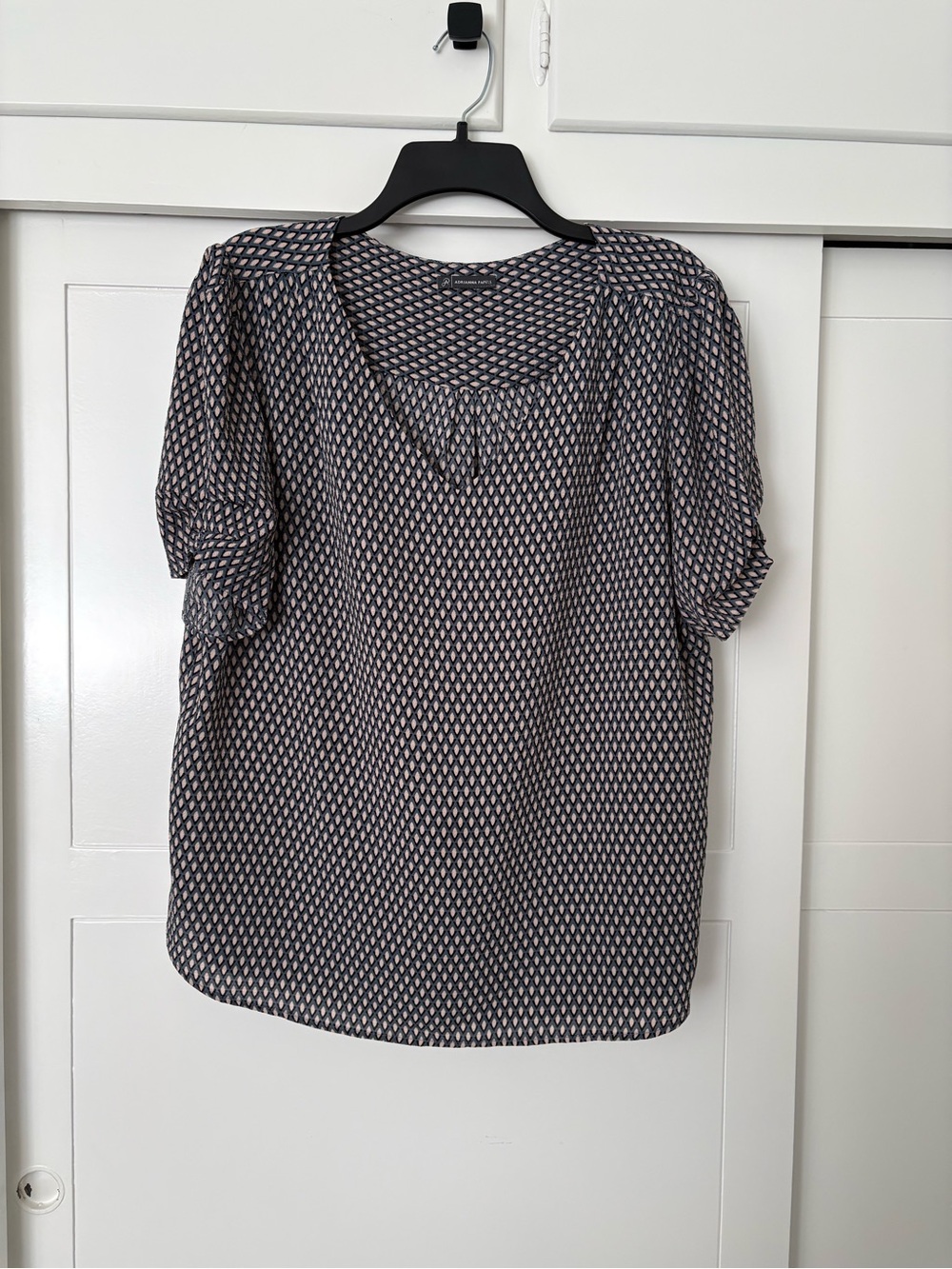 Adrianna Papell Navy and Cream Geometric Scoop Neck Blouse